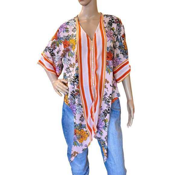 EUC -Womens Boho Floral Striped Handkerchief Hem Blouse - New Directions -‎ Size - Picture 2 of 7